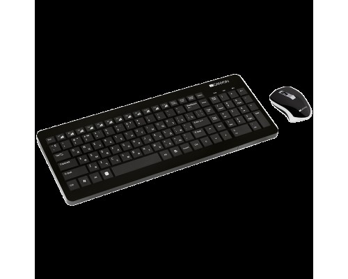 Клавиатура и мышь CANYON 2.4GHz wireless combo-set, keyboard 105 keys, chocolate key caps, RU layout (black); mouse adjustable DPI 800/1200/1600, 3 buttons (black). 393*150*20mm(KB)/26.37*17.6mm(MS), 0.332kg