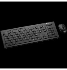 Клавиатура и мышь CANYON Multimedia 2.4GHz wireless combo-set, keyboard 104 keys, slim and brushed finish design, chocolate key caps, RU layout (black); mouse adjustable DPI 800/1200/1600, 3 buttons (black). 450*154*22.3mm(KB)/98.7*63.3*34mm(MS), 0.5