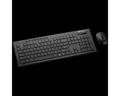 Клавиатура и мышь CANYON Multimedia 2.4GHz wireless combo-set, keyboard 104 keys, slim and brushed finish design, chocolate key caps, RU layout (black); mouse adjustable DPI 800/1200/1600, 3 buttons (black). 450*154*22.3mm(KB)/98.7*63.3*34mm(MS), 0.5