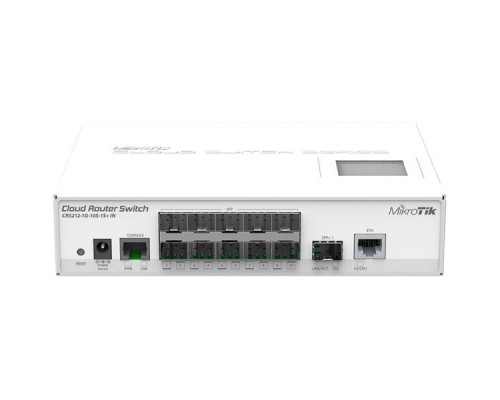 Маршрутизатор Cloud Router Switch 212-1G-10S-1S+IN with Atheros QC8519 400Mhz CPU, 64MB RAM, 1xGigabit LAN, 10xSFP cages, 1xSFP+ cage, RouterOS L5, LCD panel, desktop case, PSU