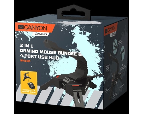 Держатель провода для мыши и USB 2.0 hub Canyon CND-GWH100 2 in 1 Gaming Mouse Bungee stand, 4 USB hub, 1.5m mircro to USB braided cable, Weighted design with non-slip grip, LED light, Black, size:128*123*102mm, 138g