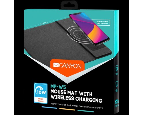 Коврик для мыши с функцией беспроводной зарядки CANYON Mouse Mat with wireless charger, Input 5V/2A,9V2A Output 5W/7.5W/10W, 324*244*6mm, Micro USB cable length 1m, Black, 220g