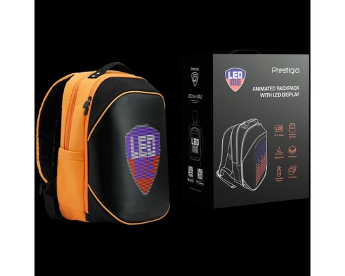 Рюкзак Prestigio LEDme MAX backpack, animated backpack with LED display, Nylon+TPU material, connection via bluetooth, Dimensions 42*31.5*20cm, LED display 64*64 pixels, orange color.