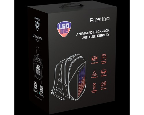 Рюкзак Prestigio LEDme MAX backpack, animated backpack with LED display, Nylon+TPU material, connection via bluetooth, dimensions 42*31.5*20cm, LED display 64*64 pixels, black color.