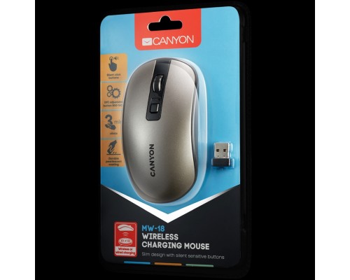 Мышь 2.4GHz Wireless Rechargeable Mouse with Pixart sensor, 4keys, Silent switch for right/left keys,DPI: 800/1200/1600, Max. usage 50 hours for one time full charged, 300mAh Li-poly battery, Dark grey, cable length 0.6m, 116.4*63.3*32.3mm, 0.075kg