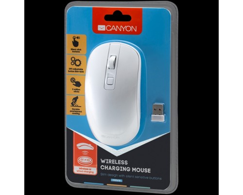 Мышь CANYON MW-18 2.4GHz Wireless Rechargeable Mouse with Pixart sensor, 4keys, Silent switch for right/left keys,DPI: 800/1200/1600, Max. usage 50 hours for one time full charged, 300mAh Li-poly battery, Pearl-White, cable length 0.6m, 116.4*63.3*32