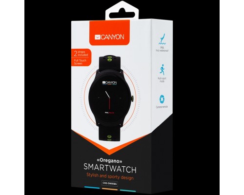 Смарт-часы CANYON Oregano SW-81 Smart watch, 1.3inches IPS full touch screen, Alloy+plastic body,IP68 waterproof, multi-sport mode with swimming mode, compatibility with iOS and android,Black-Green with extra belt, Host: 262x43.6x12.5mm, Strap: 240x2