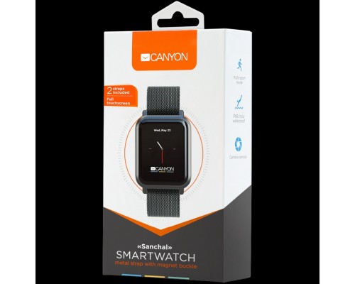 Смарт-часы CANYON Sanchal SW-73 Smart watch, 1.22inch IPS full touch, 6H Glass,2 straps, metal strap and silicon strap, metal case, IP68 waterproof, multisport mode, camera remote, 150mAh, compatibility with iOS and android, Black, host: 42*35*11.4mm