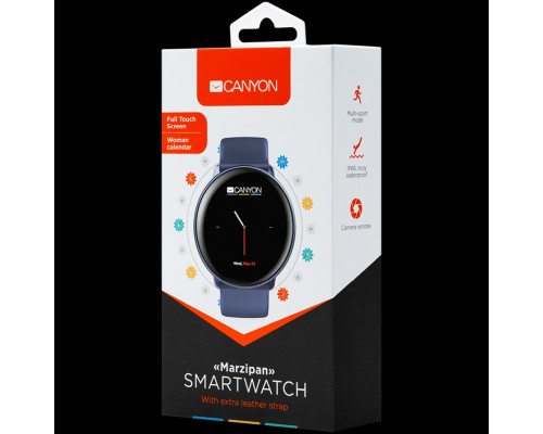 Смарт-часы CANYON Marzipan SW-75 Smart watch, 1.22inches IPS full touch screen, aluminium+plastic body,IP68 waterproof, multi-sport mode with swimming mode, compatibility with iOS and android,Blue with extra blue leather belt, Host: 41.5x11.6mm, Stra