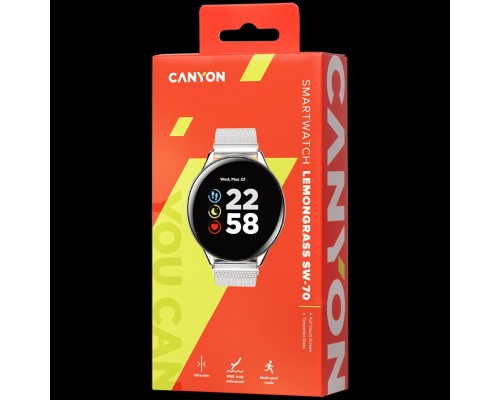 Смарт-часы CANYON Lemongrass SW-70 Smart watch, 1.3inches IPS full touch screen, Zinc plastic body,IP68 waterproof, multi-sport mode with swimming mode, compatibility with iOS and android,Silver body with silver metal belt, Host: 44.5x11.6mm, Strap: