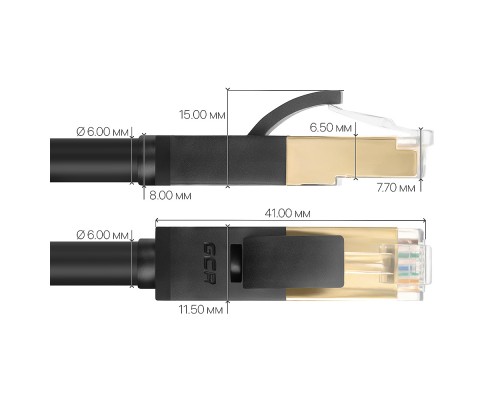 Патчкорд Greenconnect PROF категории 7 ethernet  1.5m F/FTP,  RJ45, CU, 28 AWG, литой, прямой , черный, экранированные коннекторы