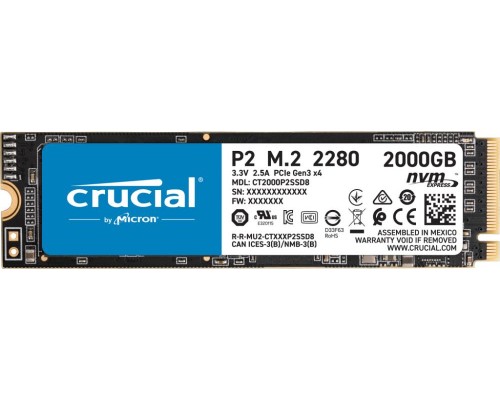 Накопитель Crucial SSD P2, 2000GB, M.2(22x80mm), NVMe, PCIe 3.0 x4, 3D TLC, R/W 2400/1800MB/s, IOPs н.д./н.д., TBW 600, DWPD 0.2 (12 мес.)