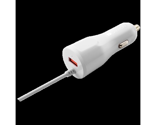 Автомобильное зарядное устройство CANYON C-033 Universal 1xUSB car adapter, plus Lightning connector, Input 12V-24V, Output 5V/2.4A(Max), with Smart IC, white glossy, cable length 1.2m, 77*30*30mm, 0.041kg, Russian