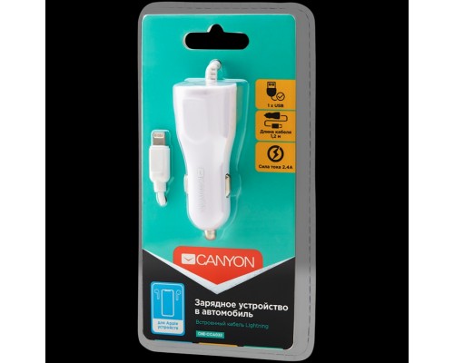 Автомобильное зарядное устройство CANYON C-033 Universal 1xUSB car adapter, plus Lightning connector, Input 12V-24V, Output 5V/2.4A(Max), with Smart IC, white glossy, cable length 1.2m, 77*30*30mm, 0.041kg, Russian