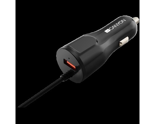 Автомобильное зарядное устройство CANYON C-033 Universal 1xUSB car adapter, plus Lightning connector, Input 12V-24V, Output 5V/2.4A(Max), with Smart IC, black glossy, cable length 1.2m, 77*30*30mm, 0.041kg, Russian