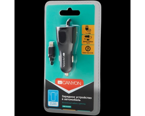 Автомобильное зарядное устройство CANYON C-033 Universal 1xUSB car adapter, plus Lightning connector, Input 12V-24V, Output 5V/2.4A(Max), with Smart IC, black glossy, cable length 1.2m, 77*30*30mm, 0.041kg, Russian