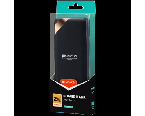 Внешний аккумулятор CANYON PB-202 Power bank 20000mAh Li-poly battery, Input 5V/2A, Output 5V/2.1A(Max), with Smart IC and power display, Black, USB cable length 0.25m, 137*67*25mm, 0.360Kg