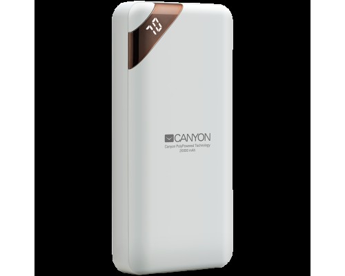 Внешний аккумулятор CANYON PB-202 Power bank 20000mAh Li-poly battery, Input 5V/2A, Output 5V/2.1A(Max), with Smart IC and power display, White, USB cable length 0.25m, 137*67*25mm, 0.360Kg