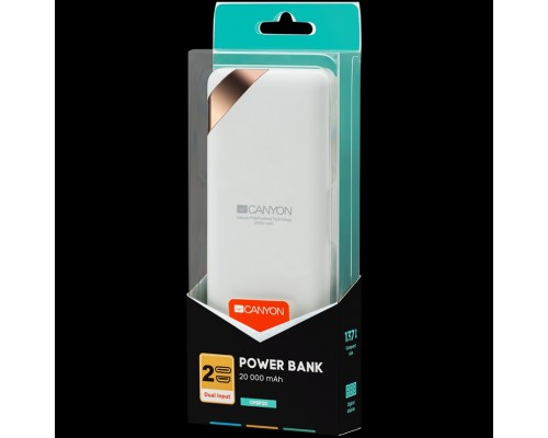 Внешний аккумулятор CANYON PB-202 Power bank 20000mAh Li-poly battery, Input 5V/2A, Output 5V/2.1A(Max), with Smart IC and power display, White, USB cable length 0.25m, 137*67*25mm, 0.360Kg