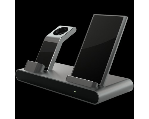 Зарядная станция Prestigio ReVolt A1, charging station for iPhone, Apple Watch, AirPods, 2 wireless interfaces, fast charging, input voltage: 9V,2A, 5V,2A, output power for phone 10/7.5/5W, LED status indicator, metal body with anti-slip base, space