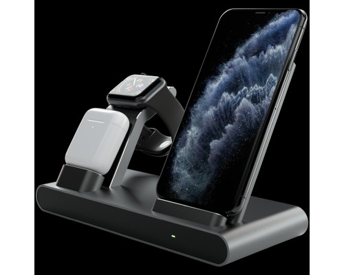 Зарядная станция Prestigio ReVolt A1, charging station for iPhone, Apple Watch, AirPods, 2 wireless interfaces, fast charging, input voltage: 9V,2A, 5V,2A, output power for phone 10/7.5/5W, LED status indicator, metal body with anti-slip base, space