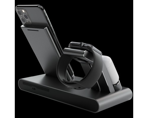 Зарядная станция Prestigio ReVolt A1, charging station for iPhone, Apple Watch, AirPods, 2 wireless interfaces, fast charging, input voltage: 9V,2A, 5V,2A, output power for phone 10/7.5/5W, LED status indicator, metal body with anti-slip base, space