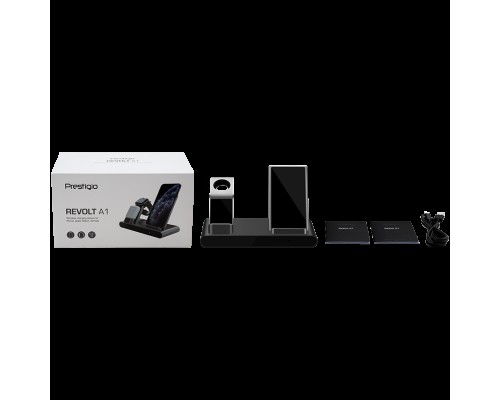 Зарядная станция Prestigio ReVolt A1, charging station for iPhone, Apple Watch, AirPods, 2 wireless interfaces, fast charging, input voltage: 9V,2A, 5V,2A, output power for phone 10/7.5/5W, LED status indicator, metal body with anti-slip base, space