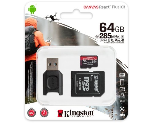 Карта памяти Kingston 64GB microSDXC React Plus SDCR2 w/Adapter + MLPM Reader EAN: 740617303315