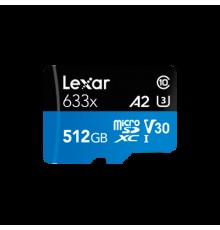 Карта памяти LEXAR 512GB High-Performance 633x microSDXC UHS-I, up to 100MB/s read 70MB/s write C10 A2 V30 U3, Global EAN: 843367119745                                                                                                                   