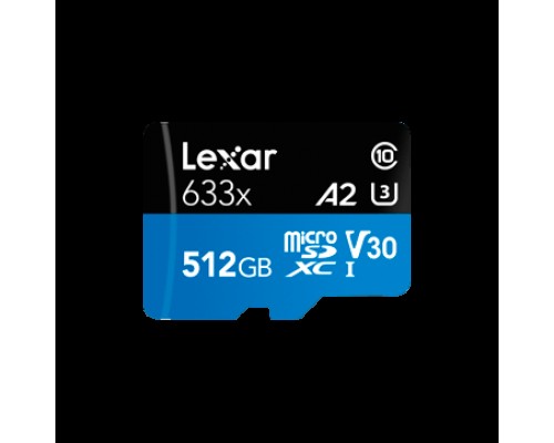 Карта памяти LEXAR 512GB High-Performance 633x microSDXC UHS-I, up to 100MB/s read 70MB/s write C10 A2 V30 U3, Global EAN: 843367119745
