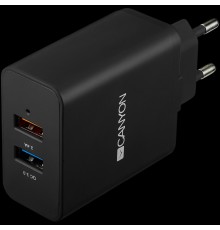 Зарядное устройство CANYON H-07 Universal 2xUSB AC charger (in wall) with over-voltage protection(1 USB with Quick Charger QC3.0), Input 100V-240V, Output USB/5V-2.4A+QC3.0/5V-2.4A&9V-2A&12V-1.5A, with Smart IC, Black rubber coating+QC3.0 port in blu