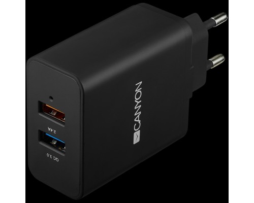 Зарядное устройство CANYON H-07 Universal 2xUSB AC charger (in wall) with over-voltage protection(1 USB with Quick Charger QC3.0), Input 100V-240V, Output USB/5V-2.4A+QC3.0/5V-2.4A&9V-2A&12V-1.5A, with Smart IC, Black rubber coating+QC3.0 port in blu