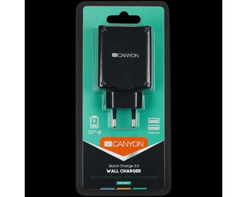 Зарядное устройство CANYON H-07 Universal 2xUSB AC charger (in wall) with over-voltage protection(1 USB with Quick Charger QC3.0), Input 100V-240V, Output USB/5V-2.4A+QC3.0/5V-2.4A&9V-2A&12V-1.5A, with Smart IC, Black rubber coating+QC3.0 port in blu