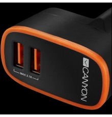 Зарядное устройство CANYON H-02 Universal 2xUSB AC charger (in wall) with over-voltage protection, Input 100V-240V, Output 5V-2.1A , with Smart IC, black rubber coating with orange stripe, 64*56*34.6mm, 0.041kg                                        