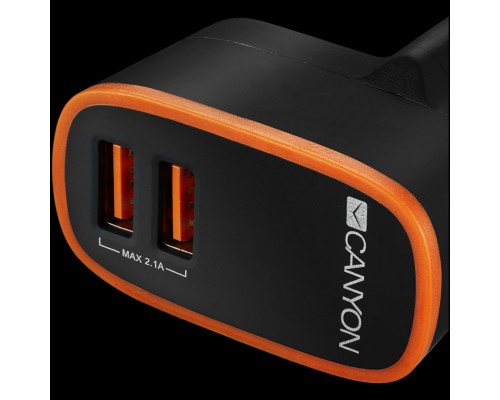 Зарядное устройство CANYON H-02 Universal 2xUSB AC charger (in wall) with over-voltage protection, Input 100V-240V, Output 5V-2.1A , with Smart IC, black rubber coating with orange stripe, 64*56*34.6mm, 0.041kg