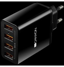 Зарядное устройство CANYON H-06 Universal 4xUSB AC charger (in wall) with over-voltage protection, Input 100V-240V, Output 5V-5A, with Smart IC, black glossy color+orange plastic part of USB, 96.8*52.48*28.5mm, 0.09kg                                 