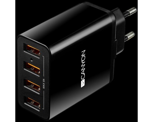 Зарядное устройство CANYON H-06 Universal 4xUSB AC charger (in wall) with over-voltage protection, Input 100V-240V, Output 5V-5A, with Smart IC, black glossy color+orange plastic part of USB, 96.8*52.48*28.5mm, 0.09kg