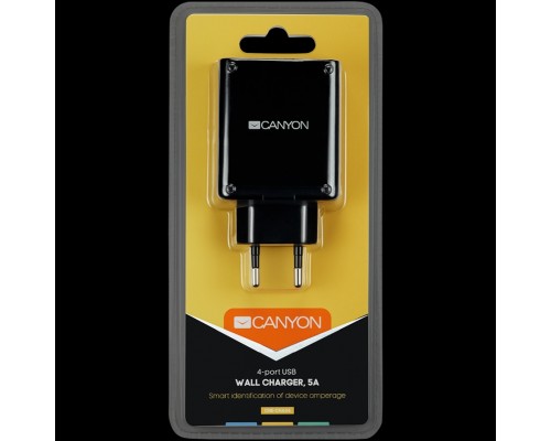 Зарядное устройство CANYON H-06 Universal 4xUSB AC charger (in wall) with over-voltage protection, Input 100V-240V, Output 5V-5A, with Smart IC, black glossy color+orange plastic part of USB, 96.8*52.48*28.5mm, 0.09kg