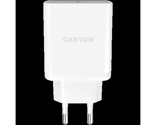 Зарядное устройство Canyon, PD WALL Charger, Input: 110V-240V, Output:PD 20W, Eu plug, Over-load,  over-heated, over-current and short circuit protection . Size: 89*46*26.5mm, 52g, White