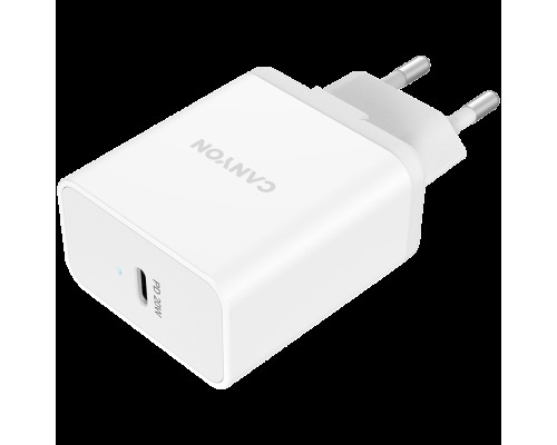 Зарядное устройство Canyon, PD WALL Charger, Input: 110V-240V, Output:PD 20W, Eu plug, Over-load,  over-heated, over-current and short circuit protection . Size: 89*46*26.5mm, 52g, White