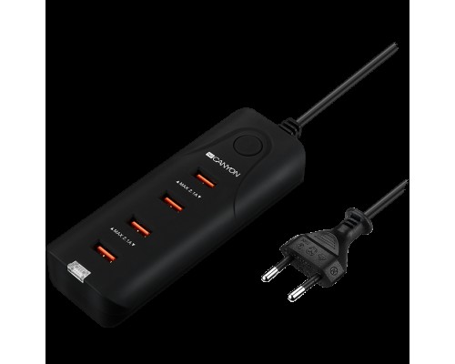 Зарядное устройство CANYON H-09 Universal 4xUSB AC charger (in wall) with over-voltage protection, Input 100V-240V, Output 5V-4.2A, with Smart IC, Black rubber coating+ orange plastic part of USB, 127.7*50*24.5mm, 0.126kg