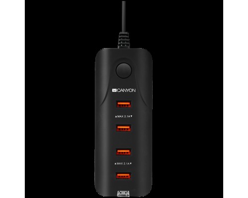 Зарядное устройство CANYON H-09 Universal 4xUSB AC charger (in wall) with over-voltage protection, Input 100V-240V, Output 5V-4.2A, with Smart IC, Black rubber coating+ orange plastic part of USB, 127.7*50*24.5mm, 0.126kg