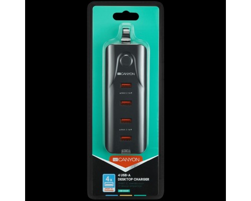 Зарядное устройство CANYON H-09 Universal 4xUSB AC charger (in wall) with over-voltage protection, Input 100V-240V, Output 5V-4.2A, with Smart IC, Black rubber coating+ orange plastic part of USB, 127.7*50*24.5mm, 0.126kg