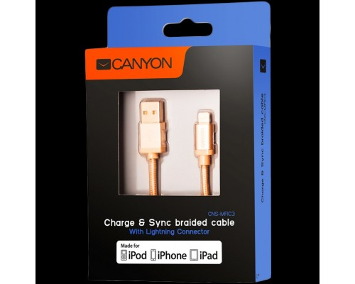 Кабель CANYON MFI-3 Charge & Sync MFI braided cable with metalic shell, USB to lightning, certified by Apple, 1m, 0.28mm, Golden