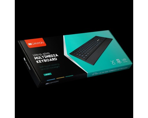 Клавиатура CANYON Stylish slim USB multimedia keyboard, LED backlight, 111 keys, Black, cable length 1.58m, 431*178*11.85, 0.71kg, RU layout