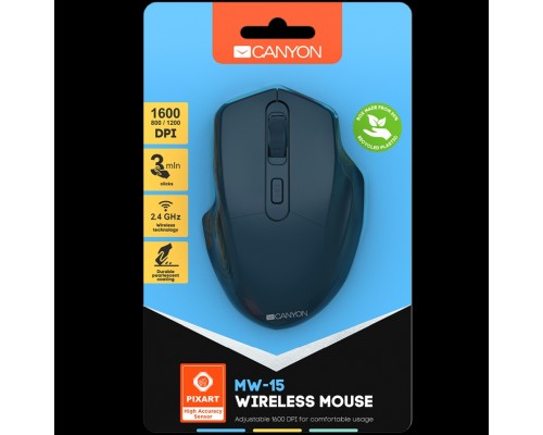 Мышь CANYON 2.4GHz Wireless Optical Mouse with 4 buttons, DPI 800/1200/1600, Dark Blue, 115*77*38mm, 0.064kg