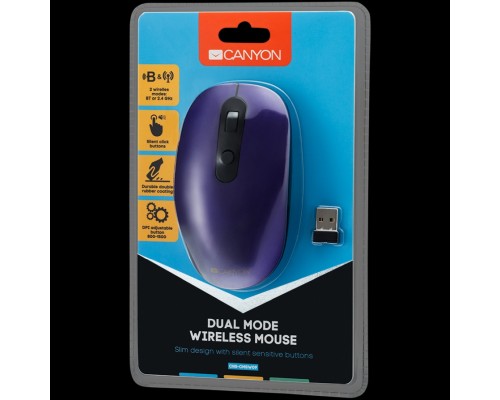 Мышь CANYON MW-9 2 in 1 Wireless optical mouse with 6 buttons, DPI 800/1000/1200/1500, 2 mode(BT/ 2.4GHz), Battery AA*1pcs, Violet, silent switch for right/left keys, 65.4*112.25*32.3mm, 0.092kg