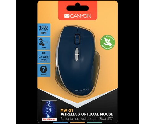 Мышь Canyon  2.4 GHz  Wireless mouse ,with 7 buttons, DPI 800/1200/1600, Battery: AAA*2pcs,Blue,72*117*41mm, 0.075kg