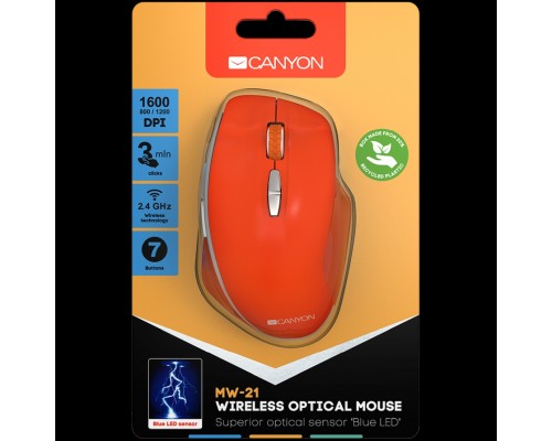 Мышь Canyon  2.4 GHz  Wireless mouse ,with 7 buttons, DPI 800/1200/1600, Battery:AAA*2pcs  ,Red 72*117*41mm 0.075kg