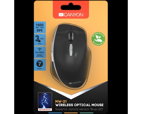 Мышь Canyon  2.4 GHz  Wireless mouse ,with 7 buttons, DPI 800/1200/1600, Battery: AAA*2pcs,Black,72*117*41mm, 0.075kg